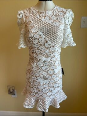 NWT Lulus White Crochet Lace Nude Ruffle Mini Dress XS